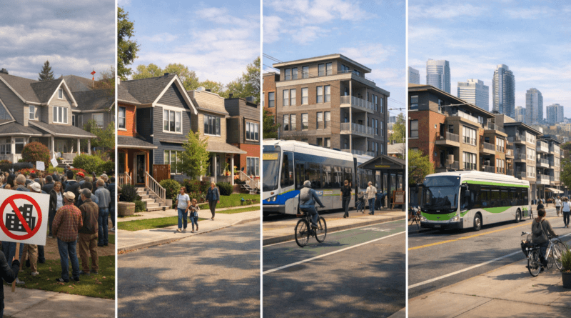 Chatgpt generated panoramic editorial city montage of four North American cities contrasted through housing form and urban mobility.